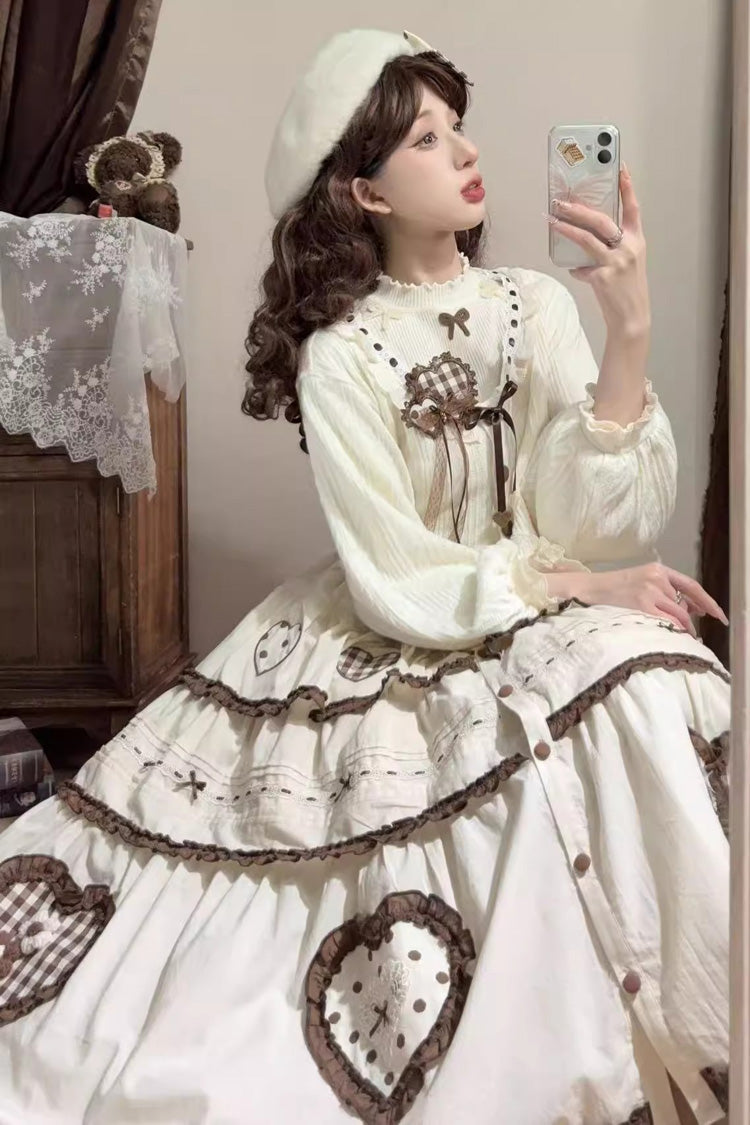 Cream Lovely Heart Triple-Layer Embroidery Bow Frilled Elegant Sweet Lolita Skirt