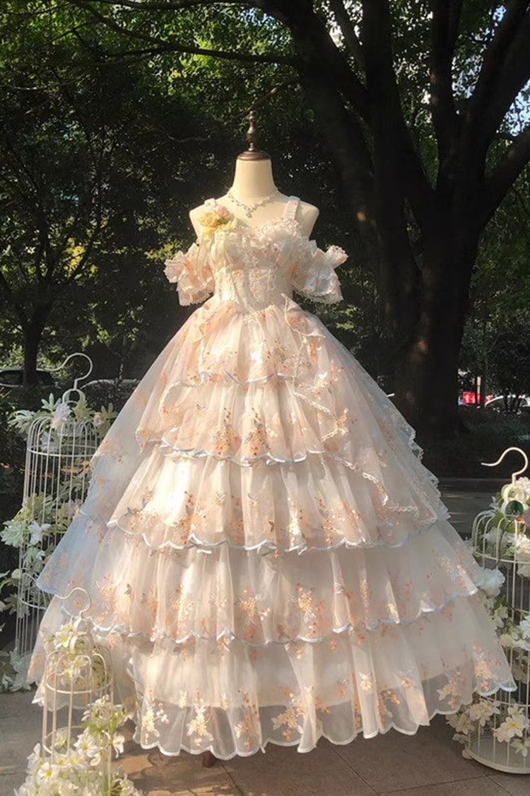Sweet Apricot Sleeveless Layered Ruffle Lace Bow Hanayome JSK Lolita Gown