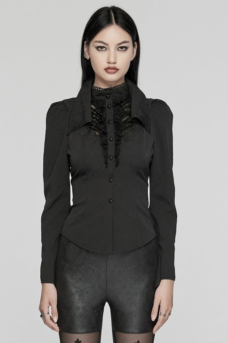 Jet-Black Gothic Blouse with Puffed Sleeves and Stitched Lace for Women