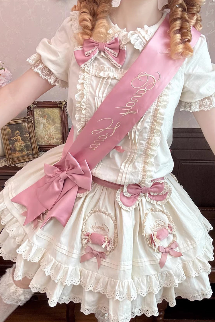 Adorable Apricot Doll Collar Short Sleeve Ruffled Bow Lolita OP Dress