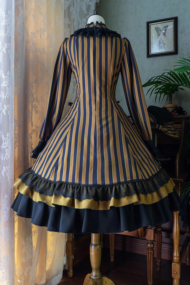 Point Manor Stand Collar Long Sleeves Multi Layer Striped Printed Ruffle Gothic Lolita Dress
