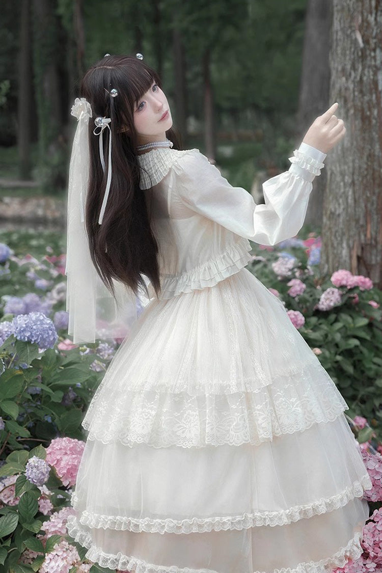 Ivory Multi-Tier Embroidered Ruffle Elegant Lolita JSK Long