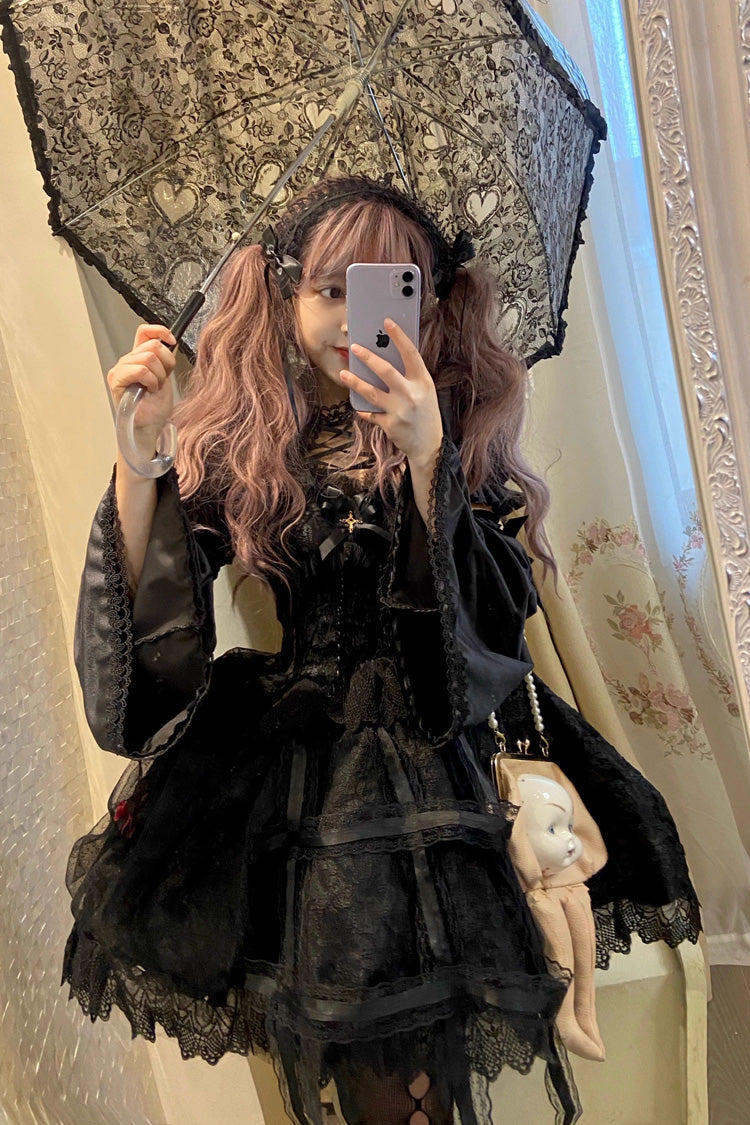 Black Elegant Lolita JSK Dress with Ruffle and Lace Mesh Gothic Style