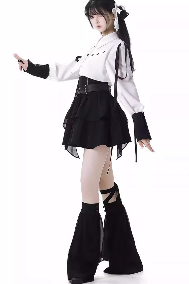 Moonlight Flowing Ruffled Asymmetric Gothic Jirai Kei Skirt Set - White/Black