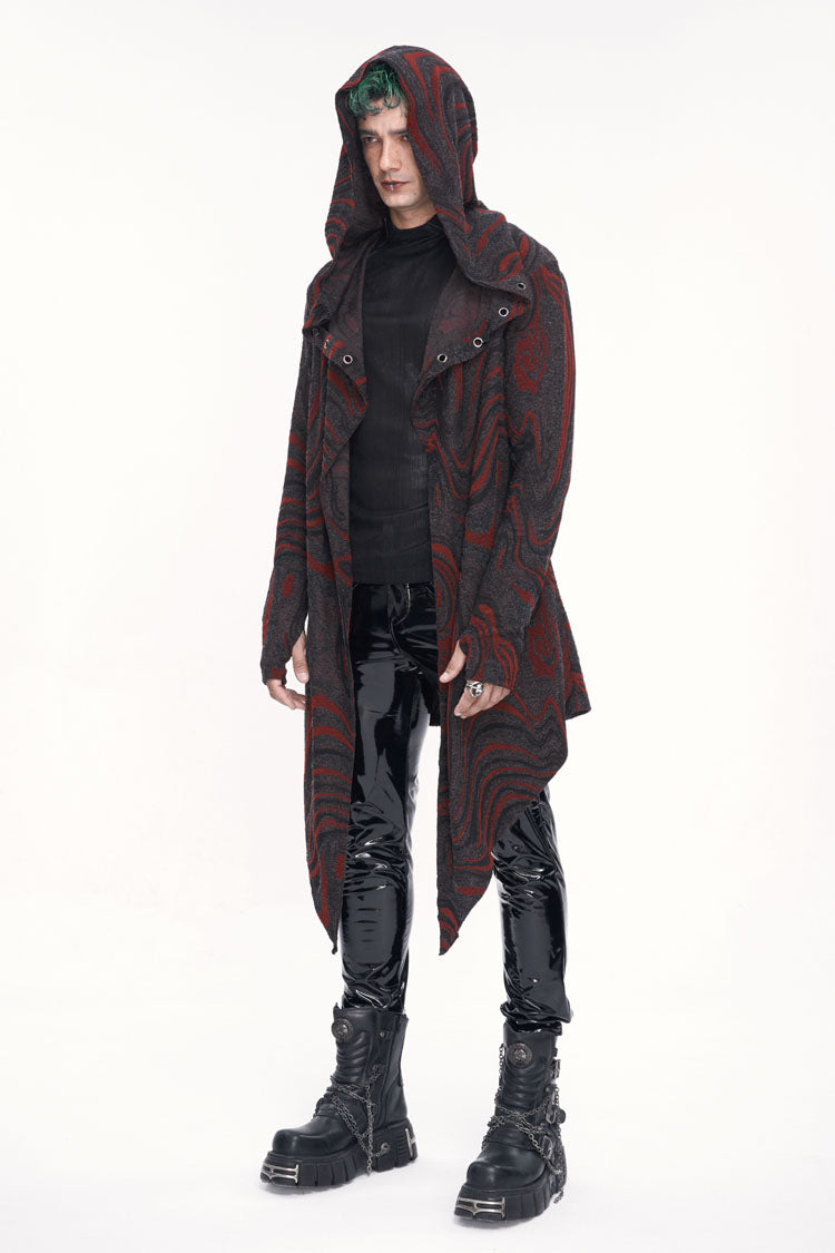 Scarlet Hooded Gothic Coat with Irregular Chains for Men
