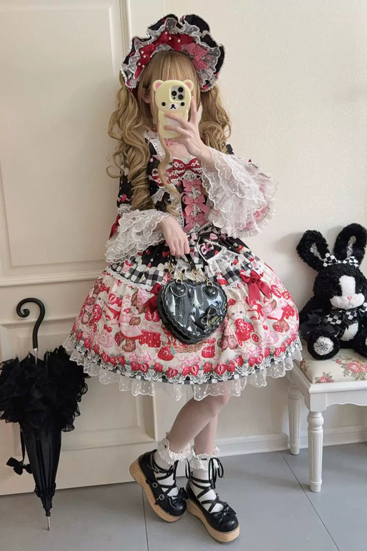 Black/Red Sweet Lolita OP Dress Half Sleeves Bow Lace Lace-Up - Sweet Berry Bunny Bear