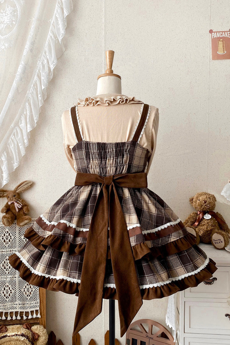 Cocoa Sleeveless Double-Layered Plaid Ruffle Bow Lace Sweet Lolita JSK