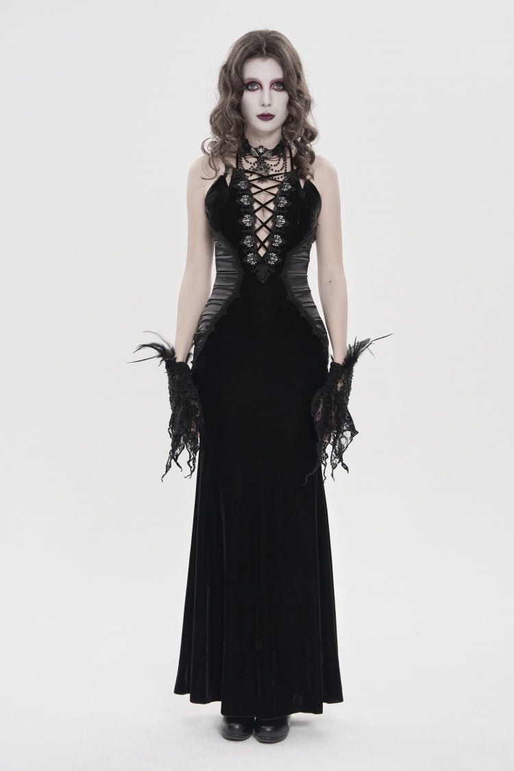 Off Shoulder Sleeveless Spliced Lace-Up Slim Pleated Gothic Jsk Dress