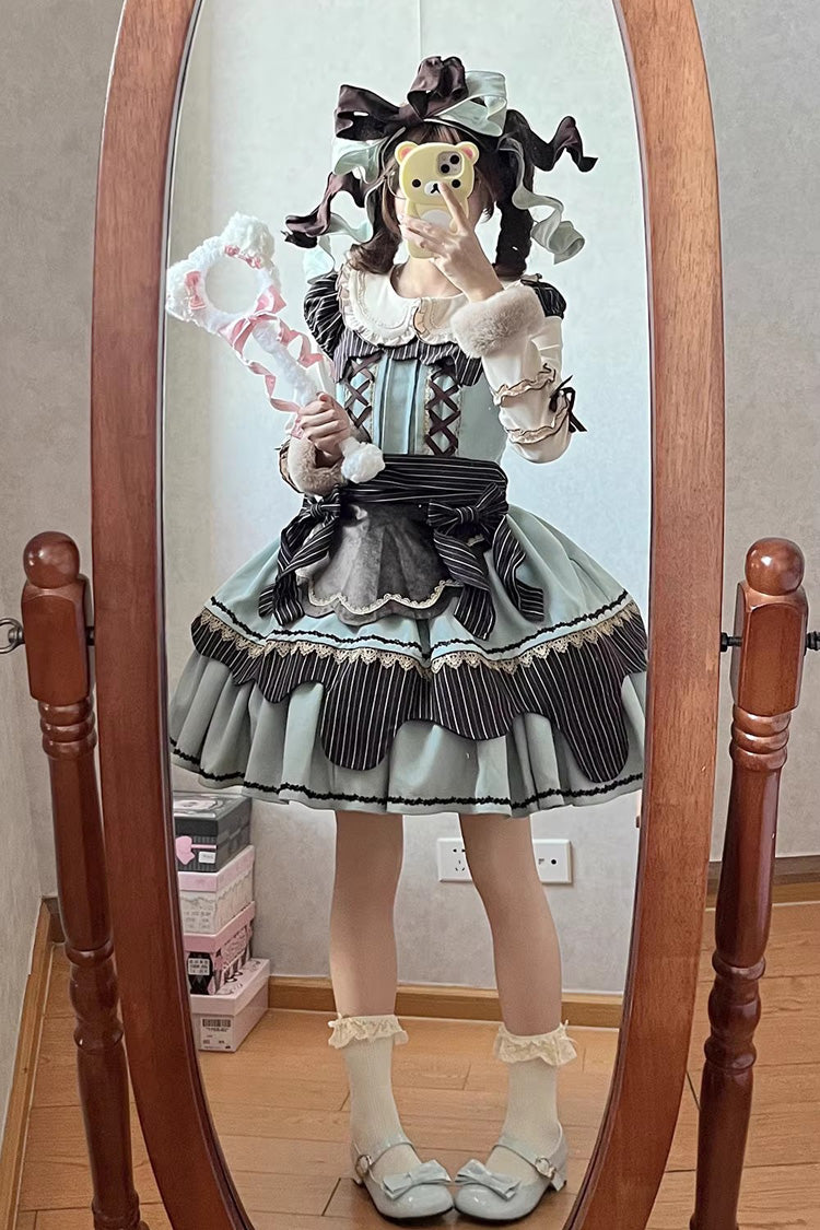 Irregular Sweet Dress with Double-Layered Print and Bow Lace-Up - Strawberry and Mint Chocolate