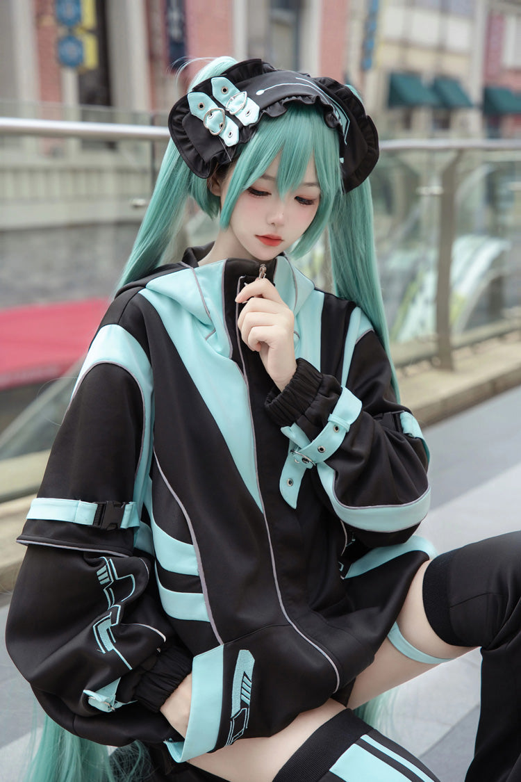 Cyber Phantom Hatsune Miku Print Jirai Kei Cool Coat - Black/Blue