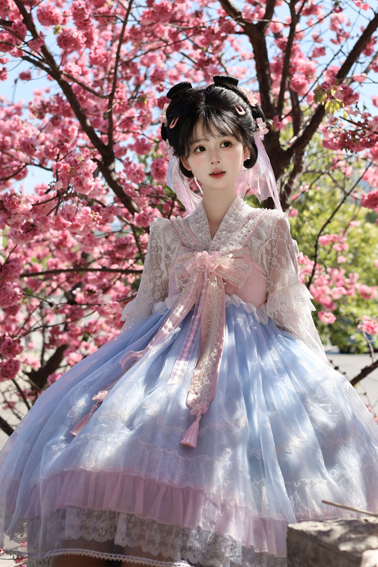 Peach Blossoms in Spring Fields Sweet Chinese Lolita JSK with Ruffles