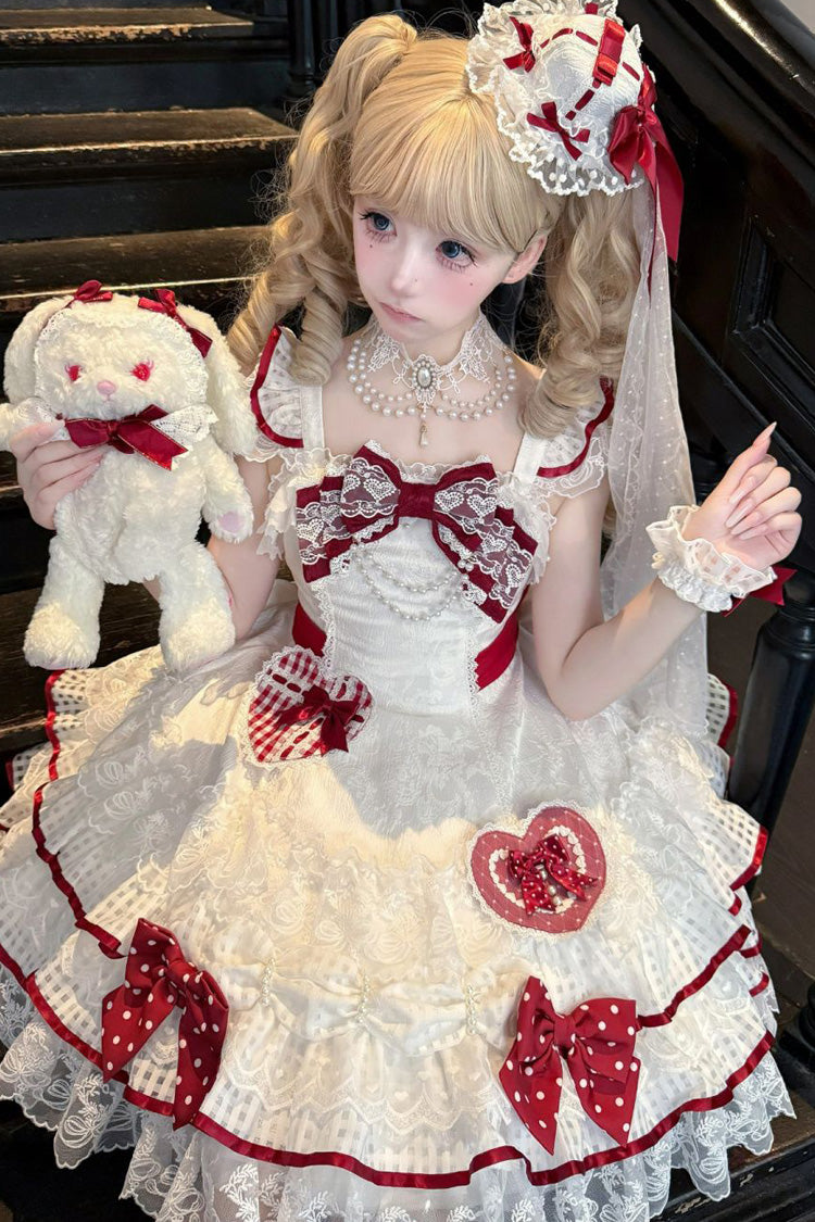 Ivory Polka Dot Love Letter Sleeveless Double Bow Pearl Accent Lolita JSK