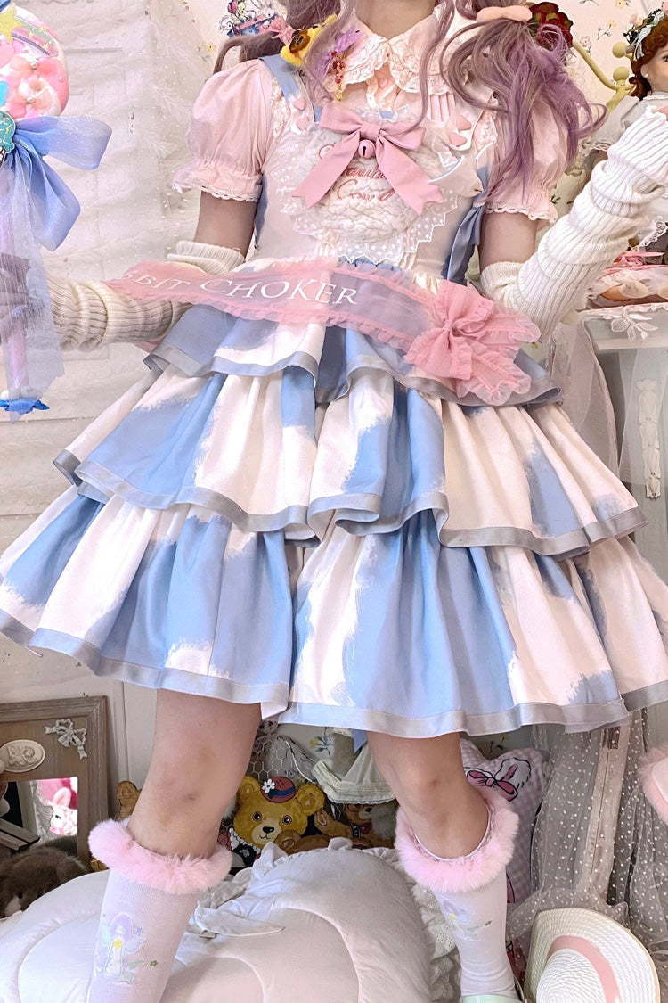 Azure Cow-Print Bowknot Sweet JSK with Triple Ruffles