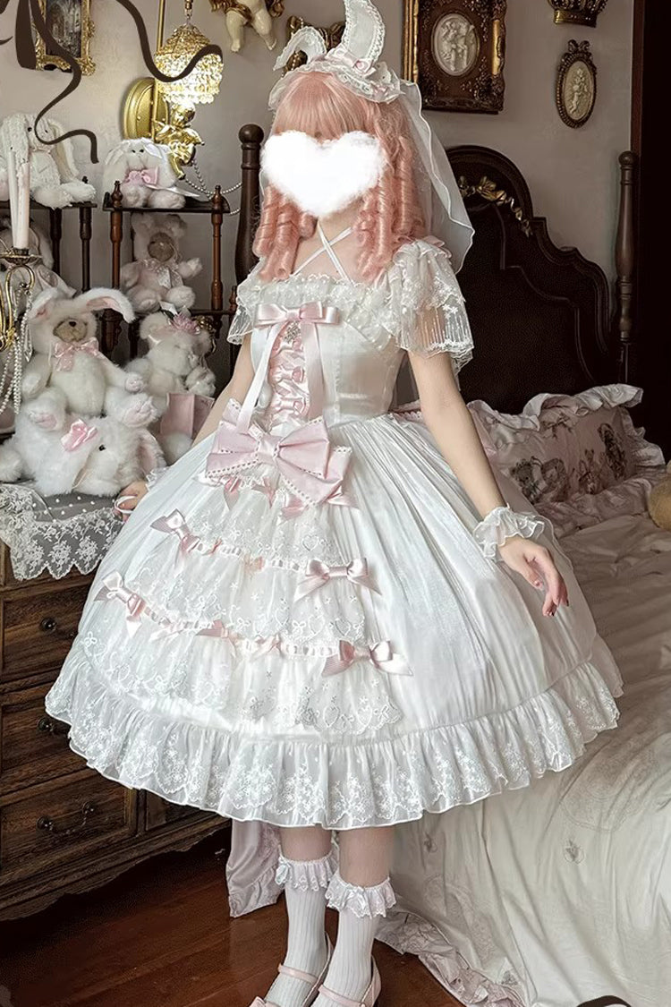 Ivory and Pink Snow of Love Ruffled Hanayome Open-Front Bow Lace Sweet Princess Lolita Dress