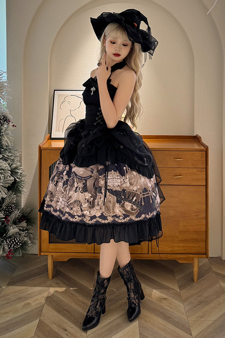 Black The Mystery of The Doll Halterneck Printed Ruffle Bowknot Drawstring Gothic Lolita Dress