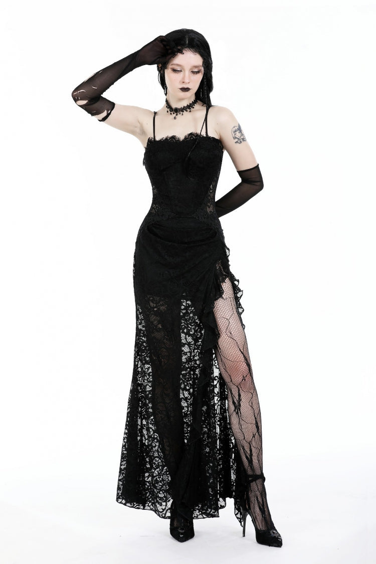 Sleeveless Side Slit Ruffled Lace Lace-Up Gothic Maxi Slip Wedding Dress