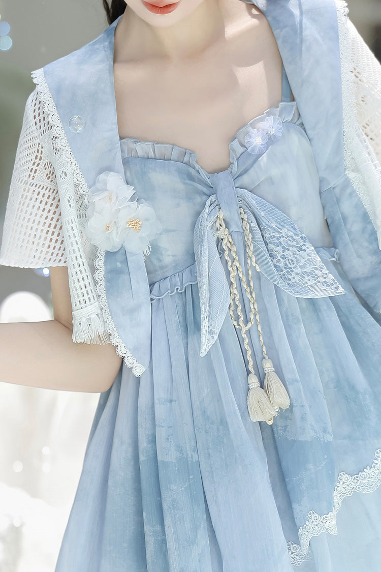 Print Ruffle Embroidery Bow Lace Irregular Lolita Jumper Dress - Blue