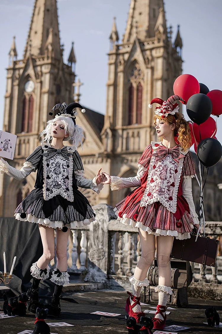 Gothic Lolita Dress Set with Ruffled Bow and Long Sleeves - Red