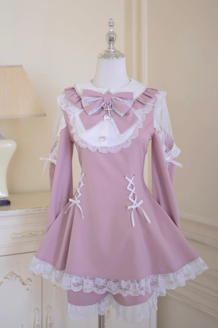 Pink/White [Divine love] Long Sleeves Hollow Bowknot Lace Lace-Up Sweet Jirai Kei Dress Shorts Set