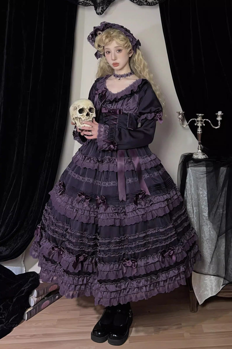 Violet Layered Blackcurrant Short Sleeve Ruffled Bow Lace Lolita Dress