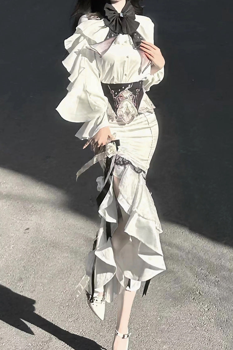 Ivory Jacquard Embroidered Irregular Skirt with Bow - Star Gate