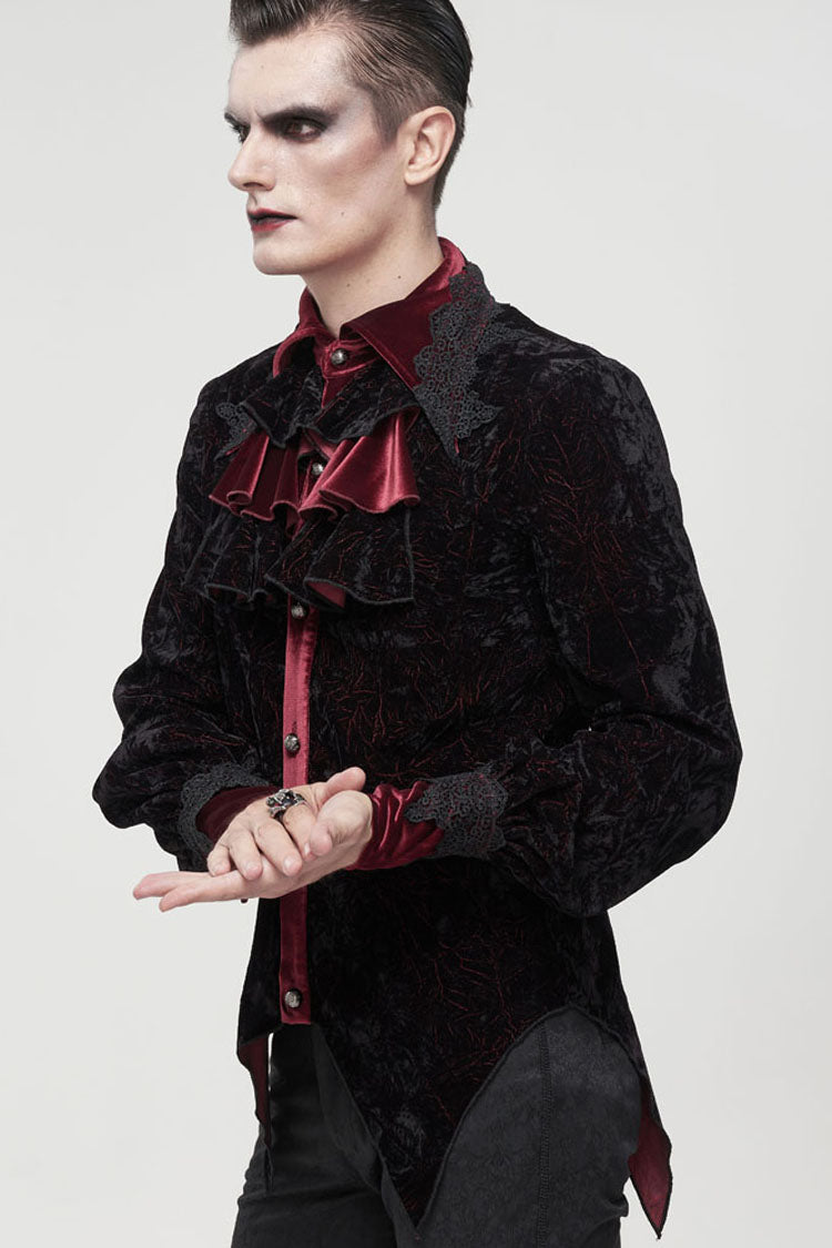Crimson & Noir Velvet Stand Collar Ruffle Lantern Sleeve Gothic Shirt for Men