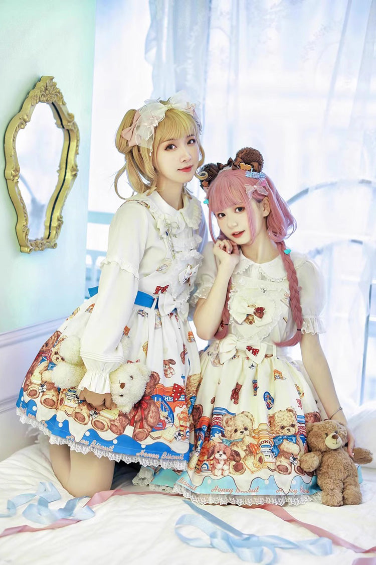 Honey Bear Cafe Printed Bow Lace Sweet Lolita JSK Dress
