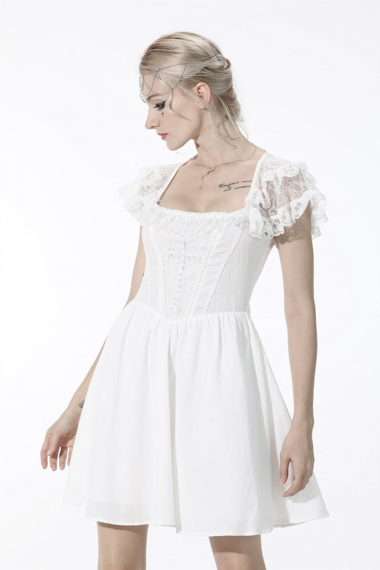 White Layered Lace Square Collar Strappy Gothic Mini Dress