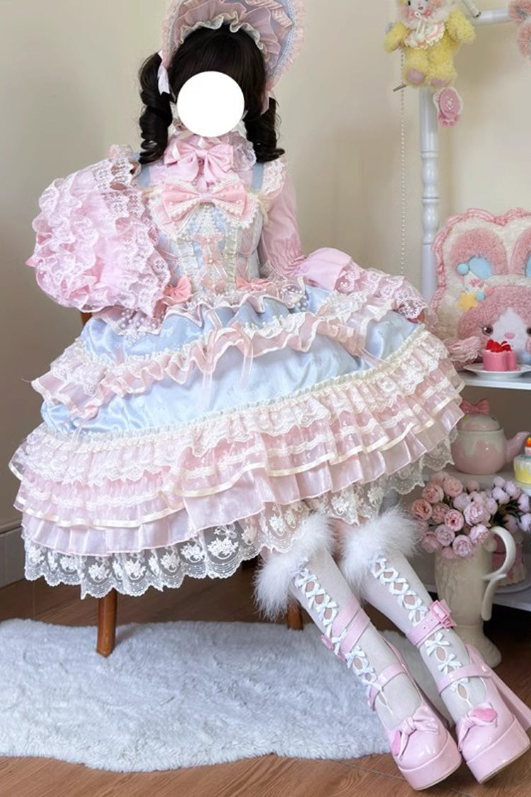 Sweet Lace JSK Dress with Ruffle Bow in Blue