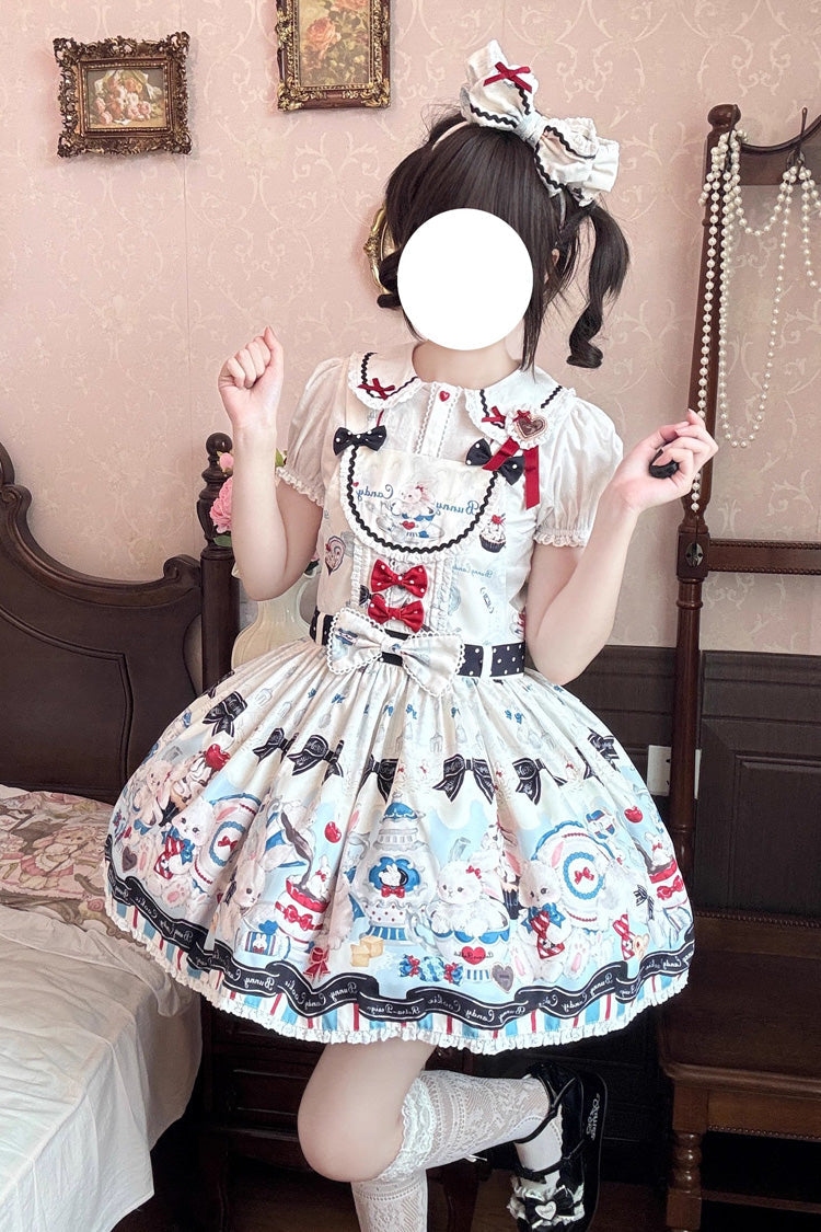 Sleeveless Print Bowknot Lace Sweet Lolita Strap Dress Beige