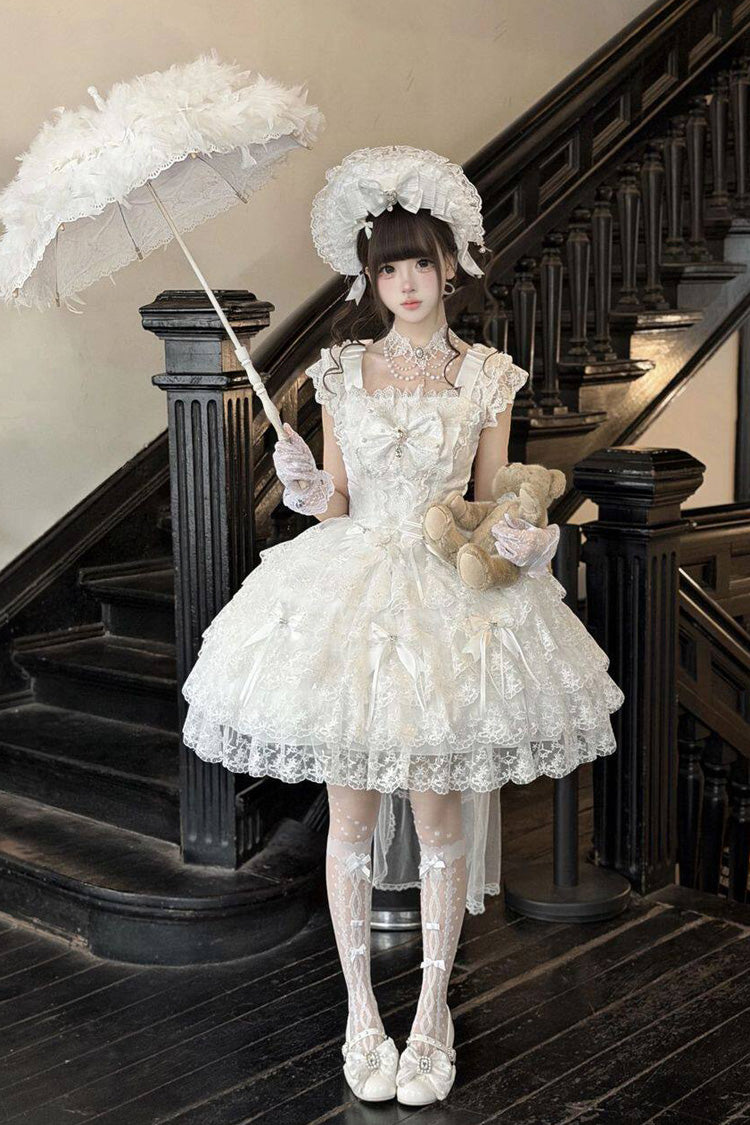 Ivory Square Collar Sleeveless Multi Bow Lace Pearl Gothic JSK