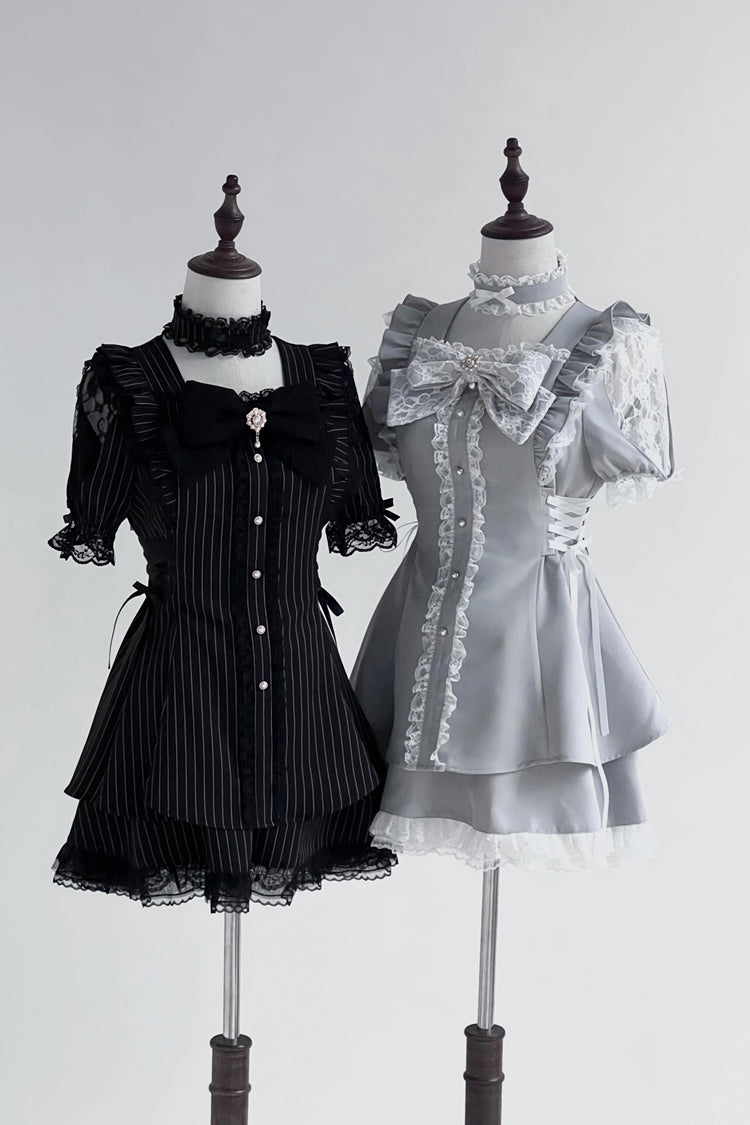 Waltz Stripe Bow Gothic Short-Sleeve Jirai Kei Dress Set - Black