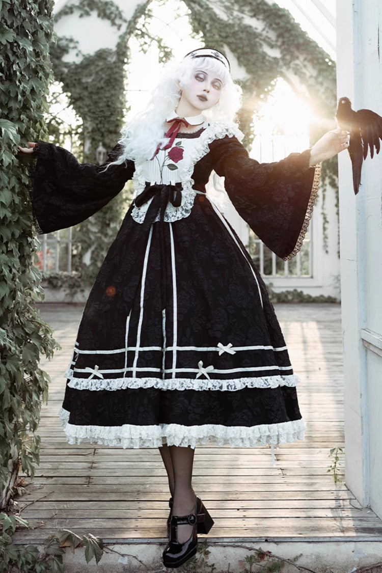 Black Double-Layered Ruffled Embroidered Bow Lace Gothic Nun Dress - Rose Choir