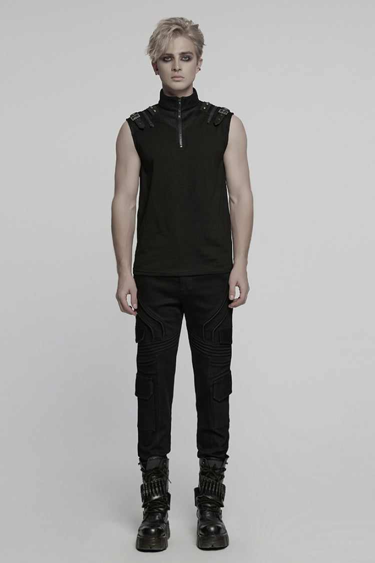 Men's Punk Denim Trousers with Multiple Pockets, Black