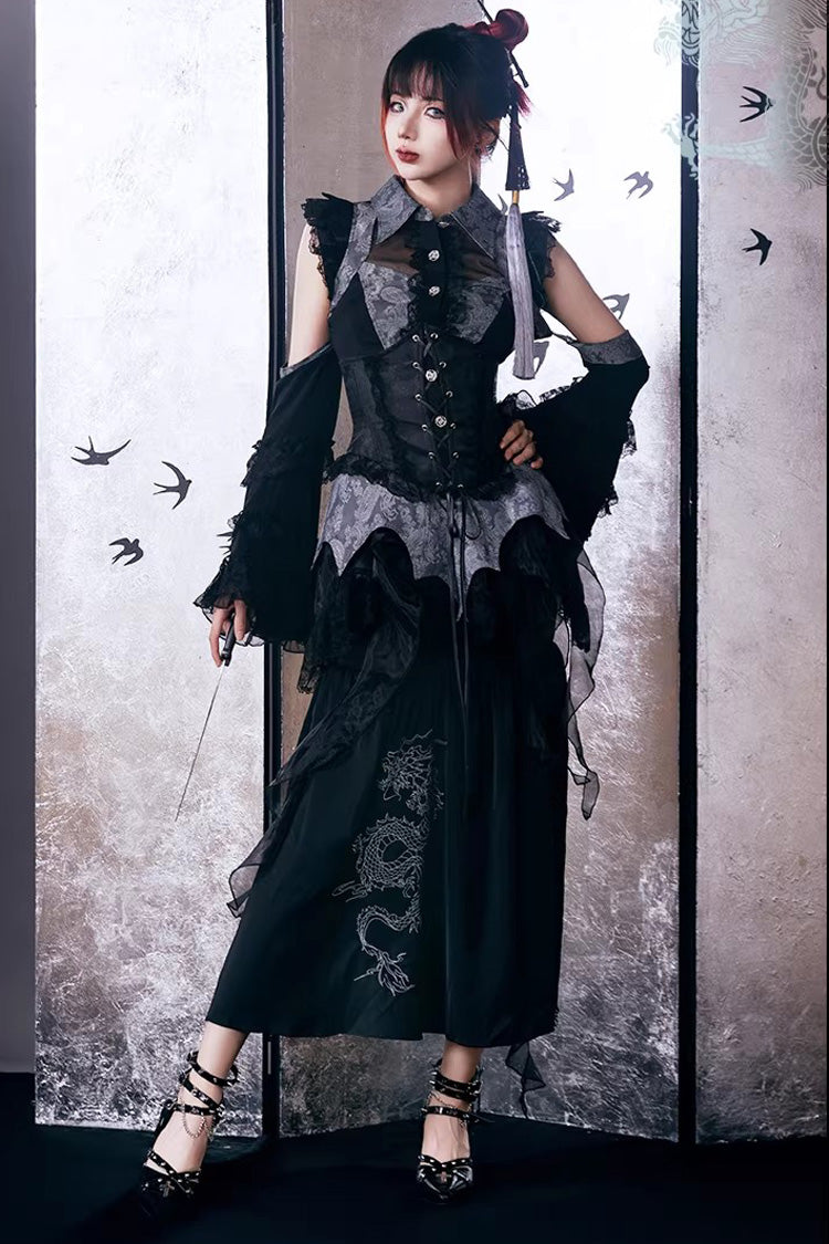 Sky Dragon Chinese Gothic Lolita Embroidered Skirt Set with Print