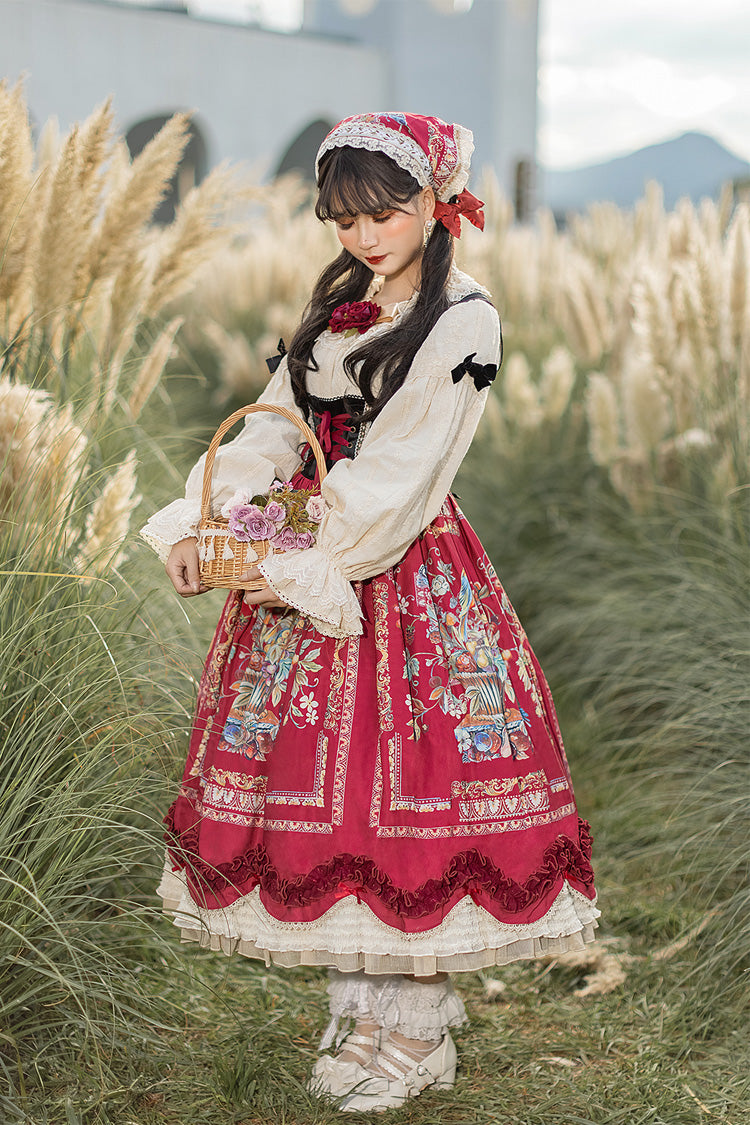 Wine Red Velvet Classic Lolita JSK Dress with Berries and Birds Print Ruffle Bowknot