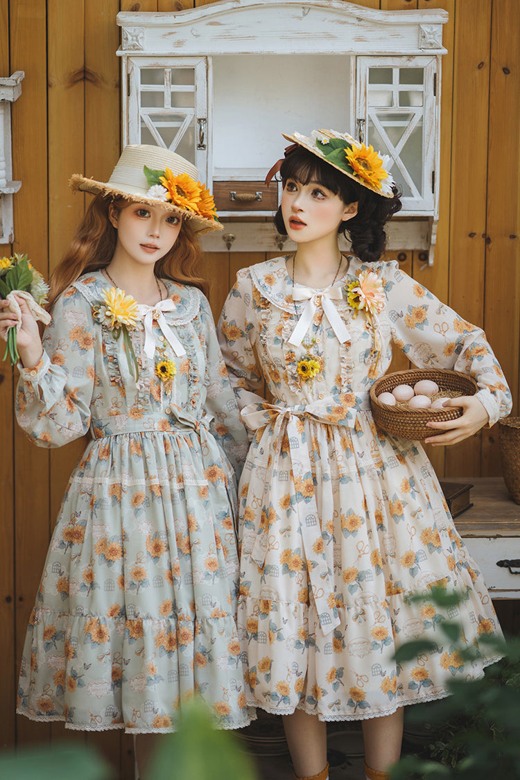 Apricot Sweet Elegant Lolita Dress with Long Sleeves Print Ruffles and Bowknot Accents