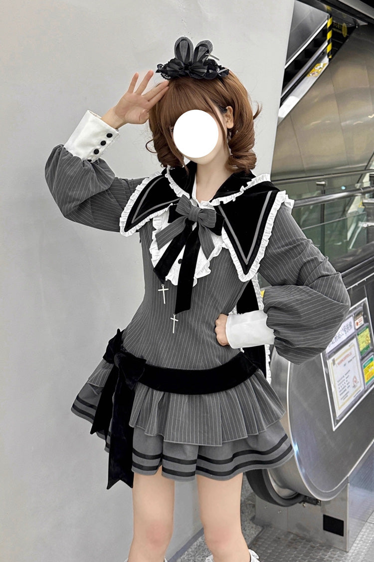 Navy Collar Long-Sleeved Printed Ruffled Bow Gothic Lolita Dress