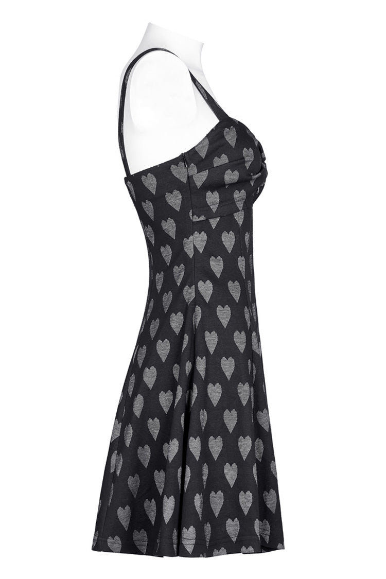 Heart Print Suspender Hollow Mesh PU Buckle Bow Dress - Punk