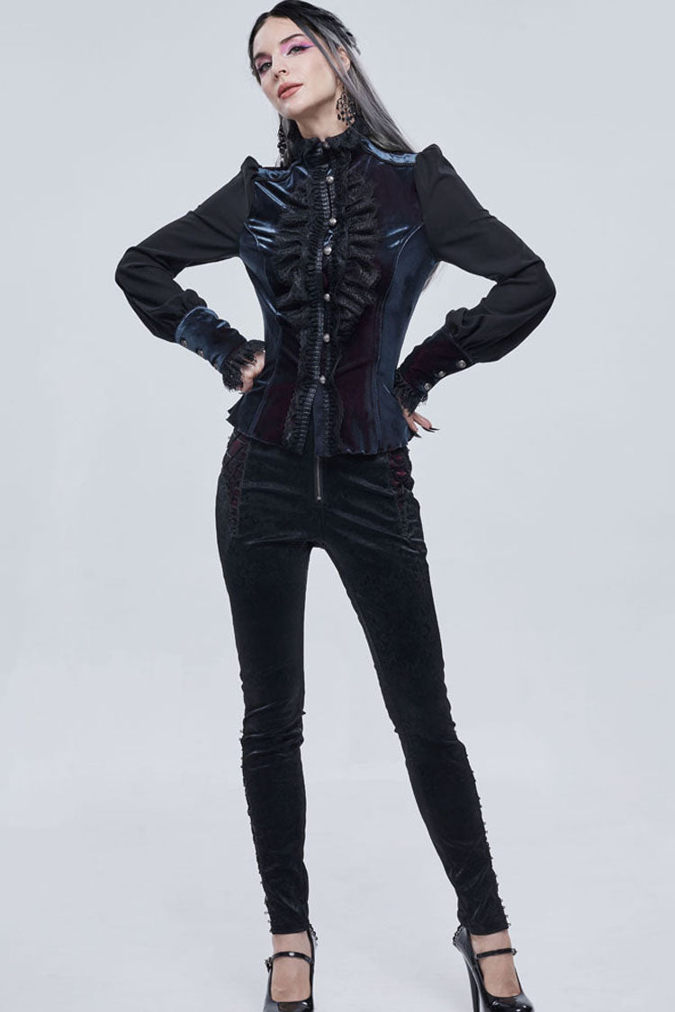 Gothic Turtleneck Shirt with Lantern Sleeves, Velvet Lace-Up, 3D Lace