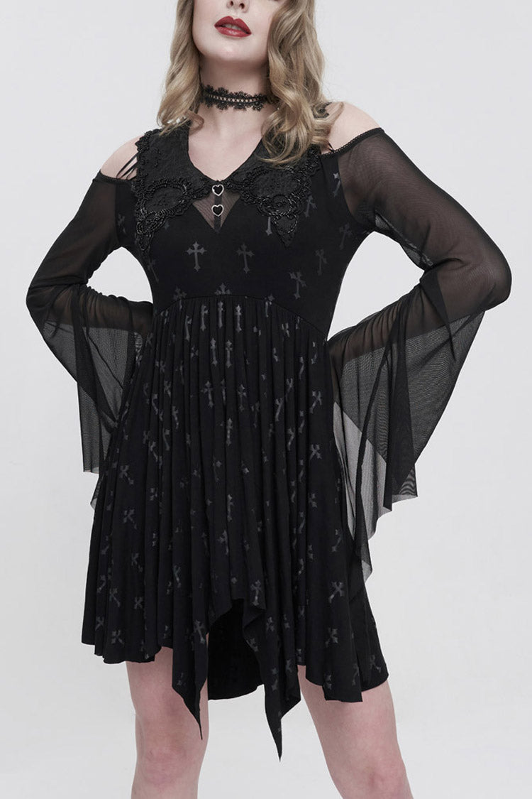 Cross Print Embroidered Beaded Neckline Mesh Flared Gothic Dress