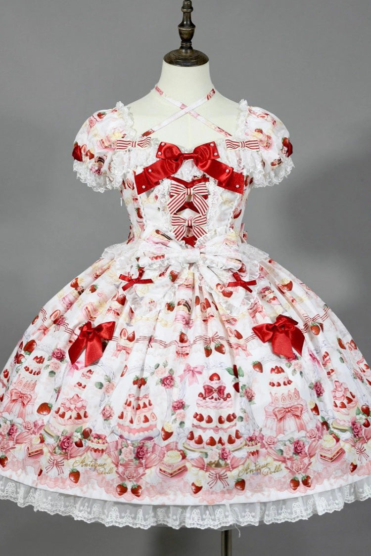 Square Collar Bowknot Lace Sweet Dress with Short Sleeves - Strawberry Cake Bouquet