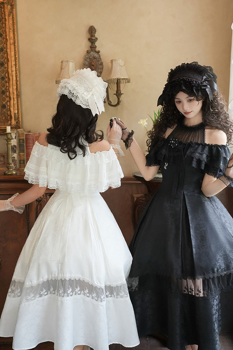 Ivory Off Shoulder Halter Print Ruffle Gothic Elegant Dress