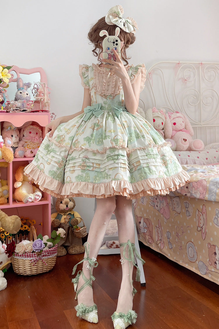 Green Grape Sleeveless Multi-Layered Print Bowknot Sweet Lolita Jsk Dress