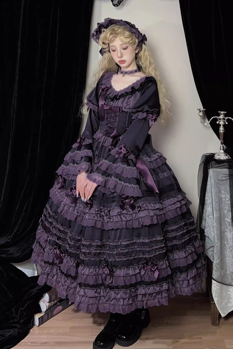 Violet Layered Blackcurrant Short Sleeve Ruffled Bow Lace Lolita Dress