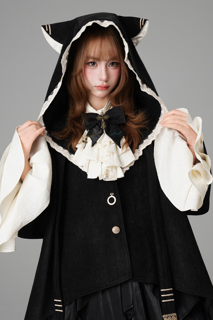 Hooded Cat-Ear Magic Cloak Coat in Black