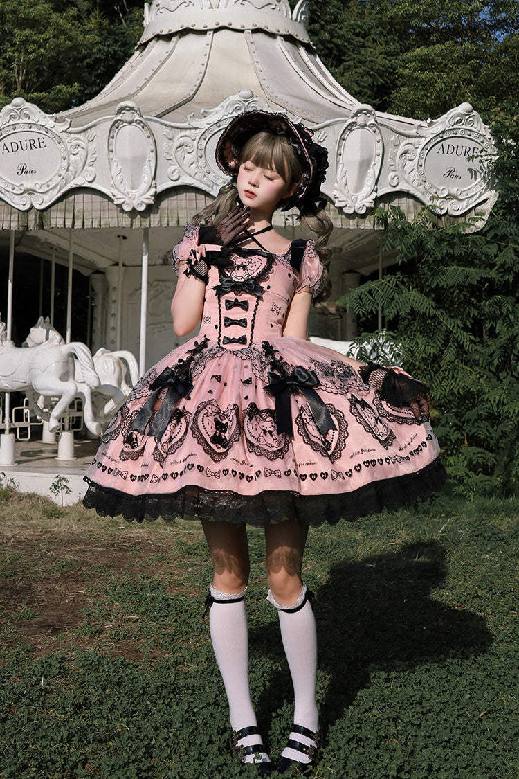 Pink Square Neck Short Sleeve Embroidered Bow Sweet Dress with Bow Train - Sugar Bear