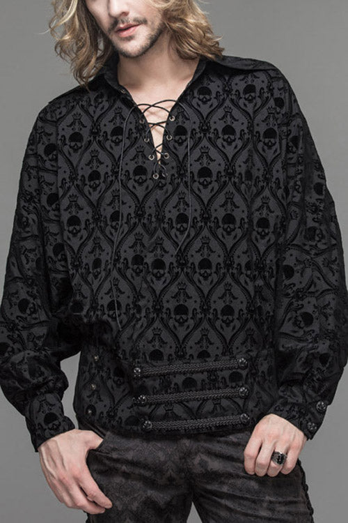 Skull Graphic Gothic Blouse for Men with Lace-Up Neckline