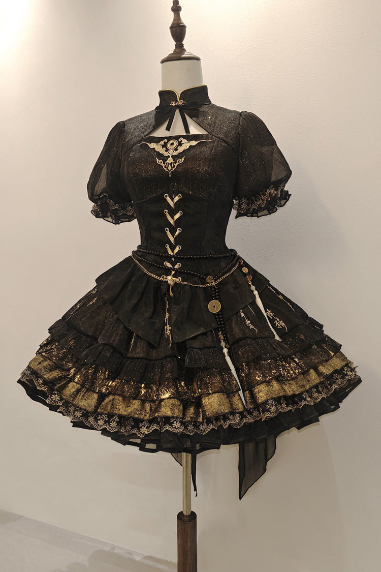 Short-Sleeve Lace-Up Printed Gothic Dress in Black