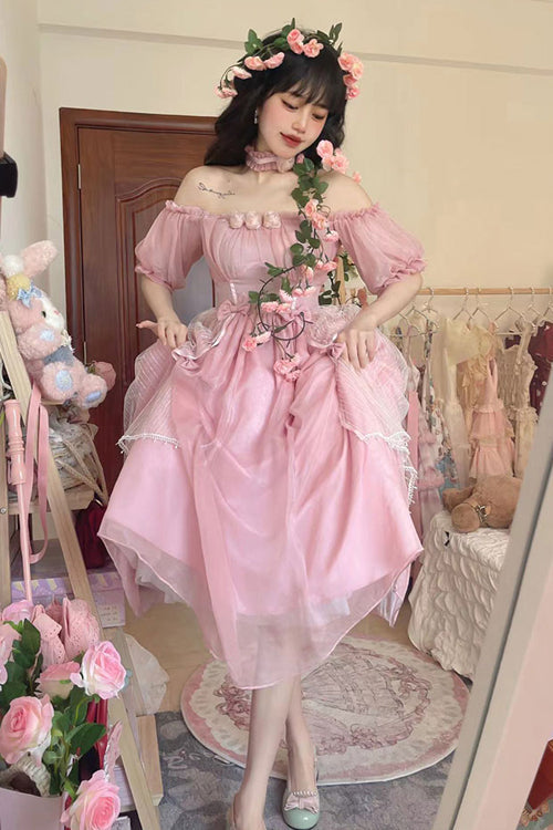 Boat Neck Bubble Short Sleeve Blossom-Adorned High-Waist Girly Lolita Dress